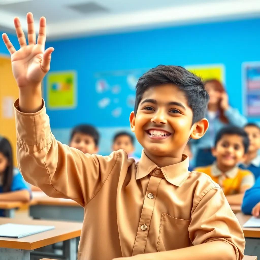 A joyful Arab boy, Hamad, with short black hair and wearing a school uniform, raising his hand in class with a big smile, surrounded by classmates and a teacher, bright classroom, vibrant colors, cheerful atmosphere, high quality
