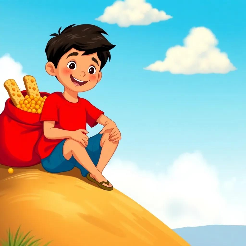 A cheerful boy, Hamad, with short black hair, wearing a red t-shirt and blue shorts, sitting on a hill with a red bag filled with chickpeas and toasted bread, a blue sky above with a few fluffy clouds, detailed illustration, vibrant colors, warm and inviting atmosphere, child-friendly