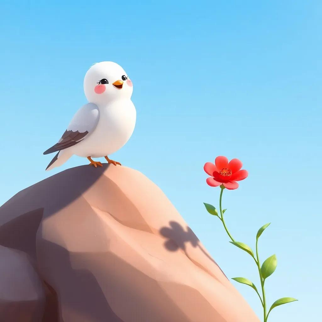 A lovely scene with a dove perched on a rock, a small red flower blooming nearby, Hamad smiling and looking delighted, clear blue sky as a background, illustration, playful and bright, cheerful elements, child-friendly