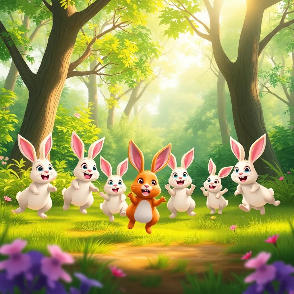 A group of playful rabbits in a lush green forest, hopping around joyfully, with sunlight filtering through the trees, vibrant colors, cheerful vibe, illustration style