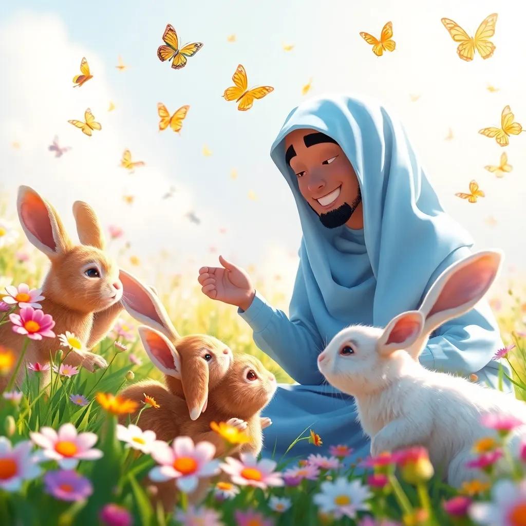 Hamad interacting with the rabbits, smiling and greeting them happily, in a flowery meadow, surrounded by butterflies in the air, bright and colorful, inviting ambiance, detailed art