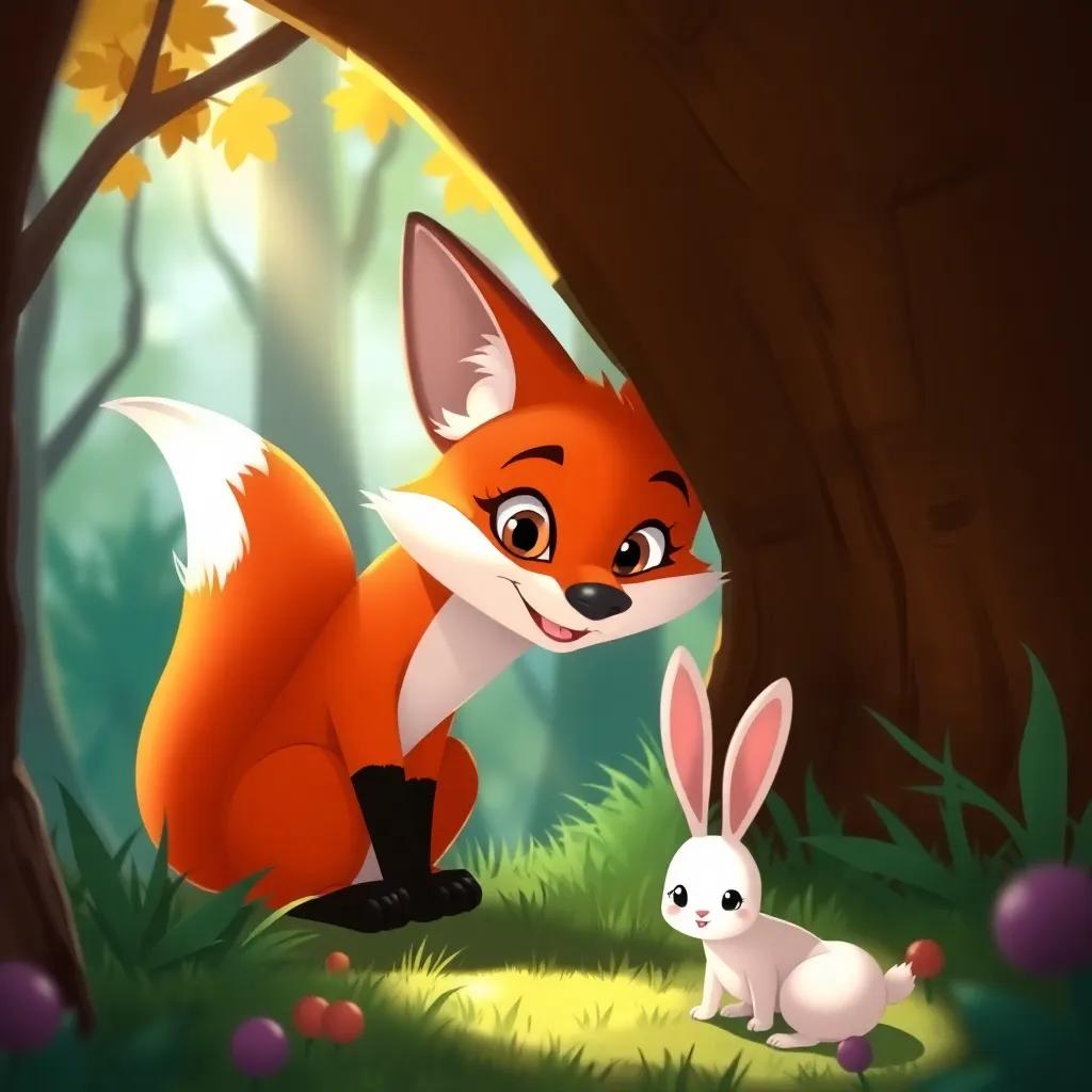 A clever fox peeking out from behind a tree, wearing a sneaky smile, looking towards the rabbits, with mischief in its eyes, light and shadows playing across the forest floor, whimsical art style