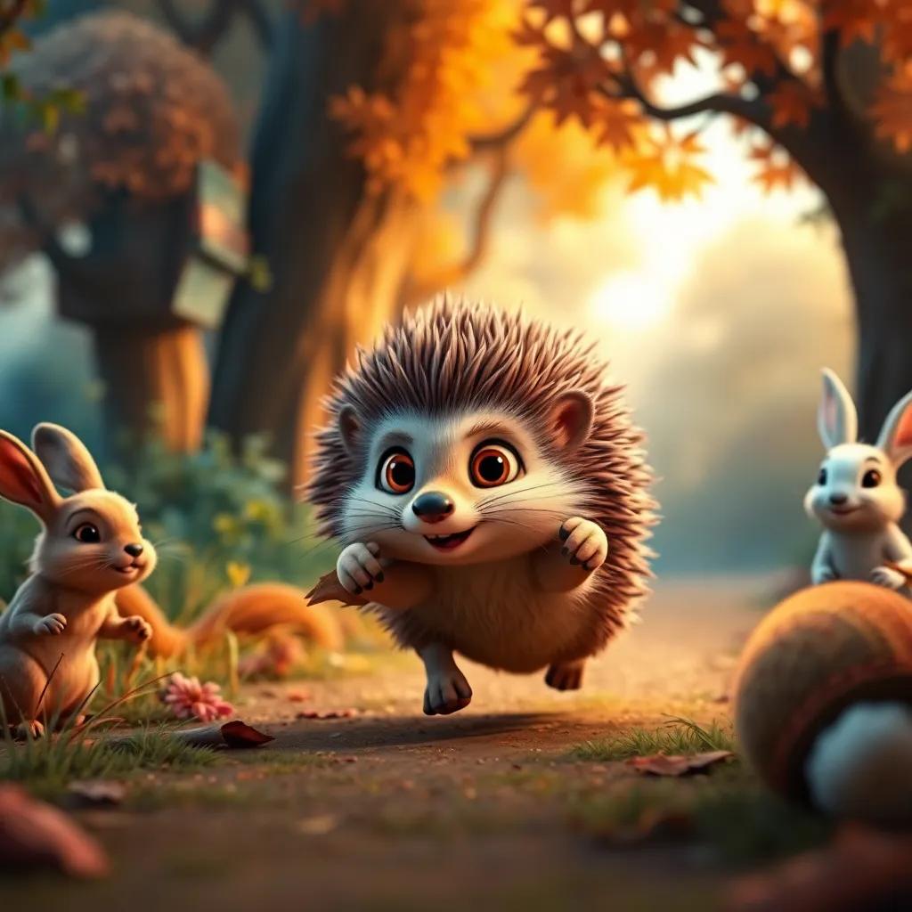 A wise hedgehog running towards the rabbits with urgency, warning them of the fox, ethnic features, bright eyes, in a colorful forest, with warm tones and a dramatic light, storytelling view
