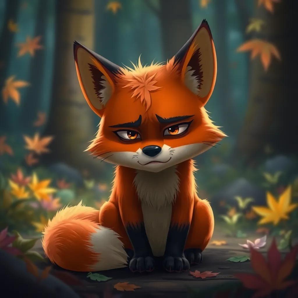 The fox looking frustrated and defeated, with a frown on its face, sitting in the forest with its head down, colorful leaves around, depicting a sad mood, digital painting, emotional storytelling