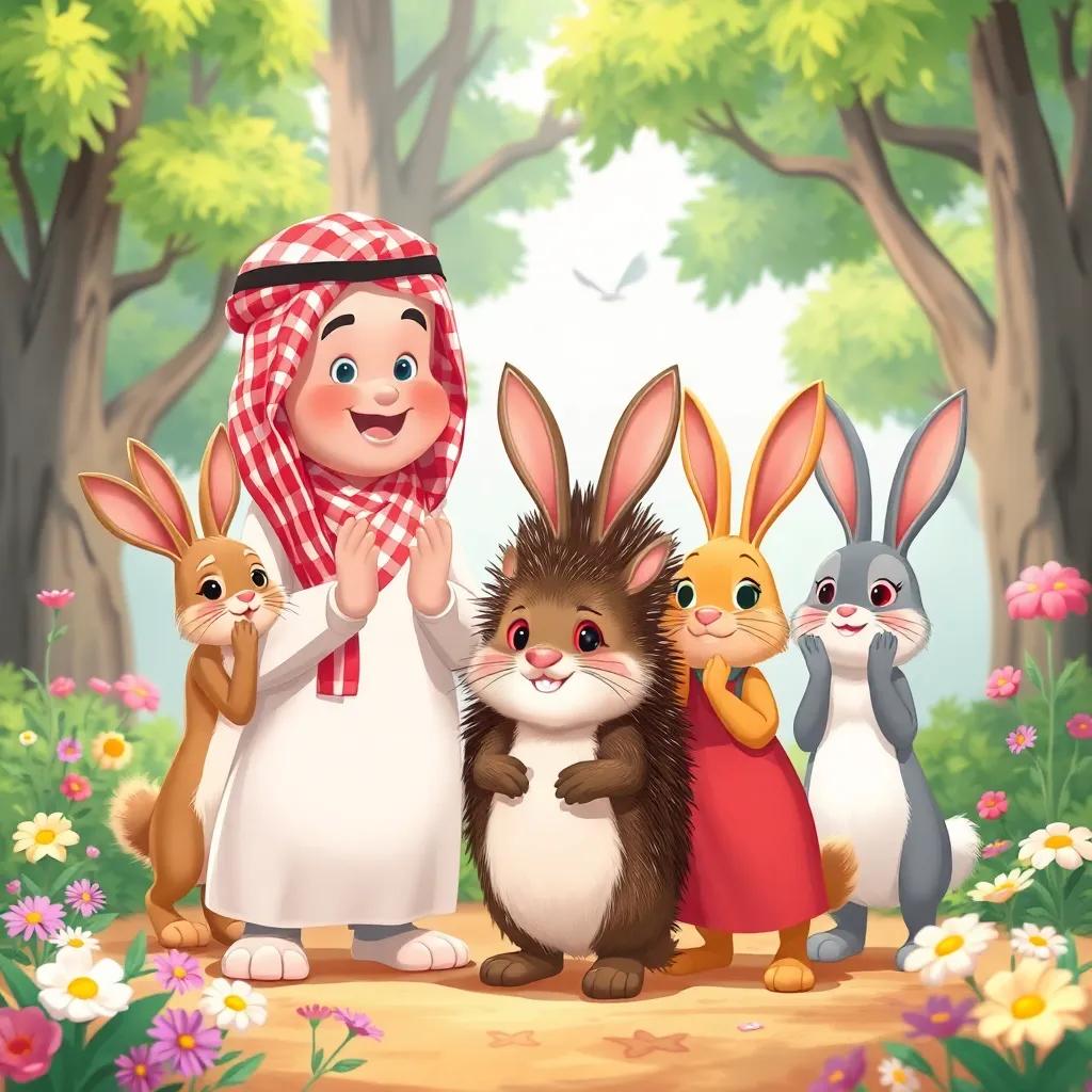 Hamad and the rabbits standing together, cheering and thanking the hedgehog, trees in the background and flowers around, colorful and friendly atmosphere, cheerful illustration