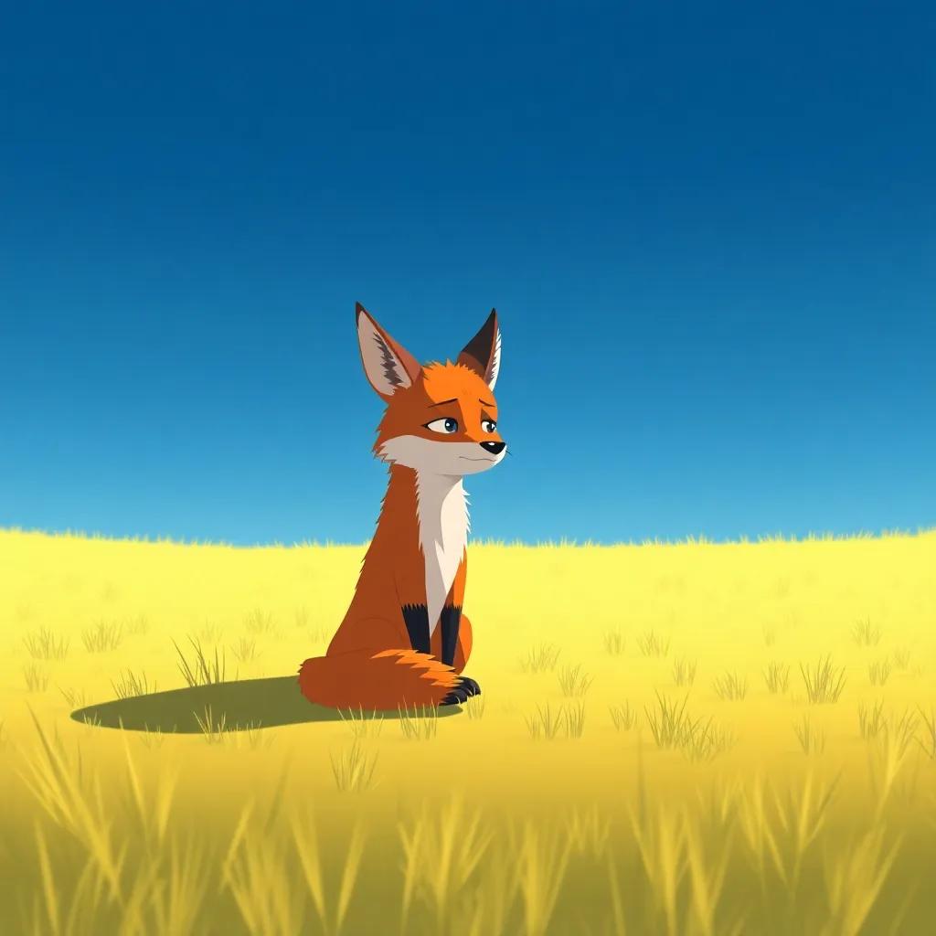 The fox sitting alone in a clearing, looking thoughtful, with a sad expression, under the bright sky, showing regret, minimalist art style, introspective mood