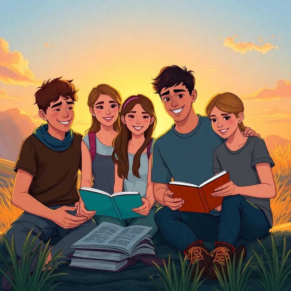 The group of friends writing their adventure story together, with the sun setting behind them, golden light illuminating their faces, creating a warm and inspiring scene, high quality illustration