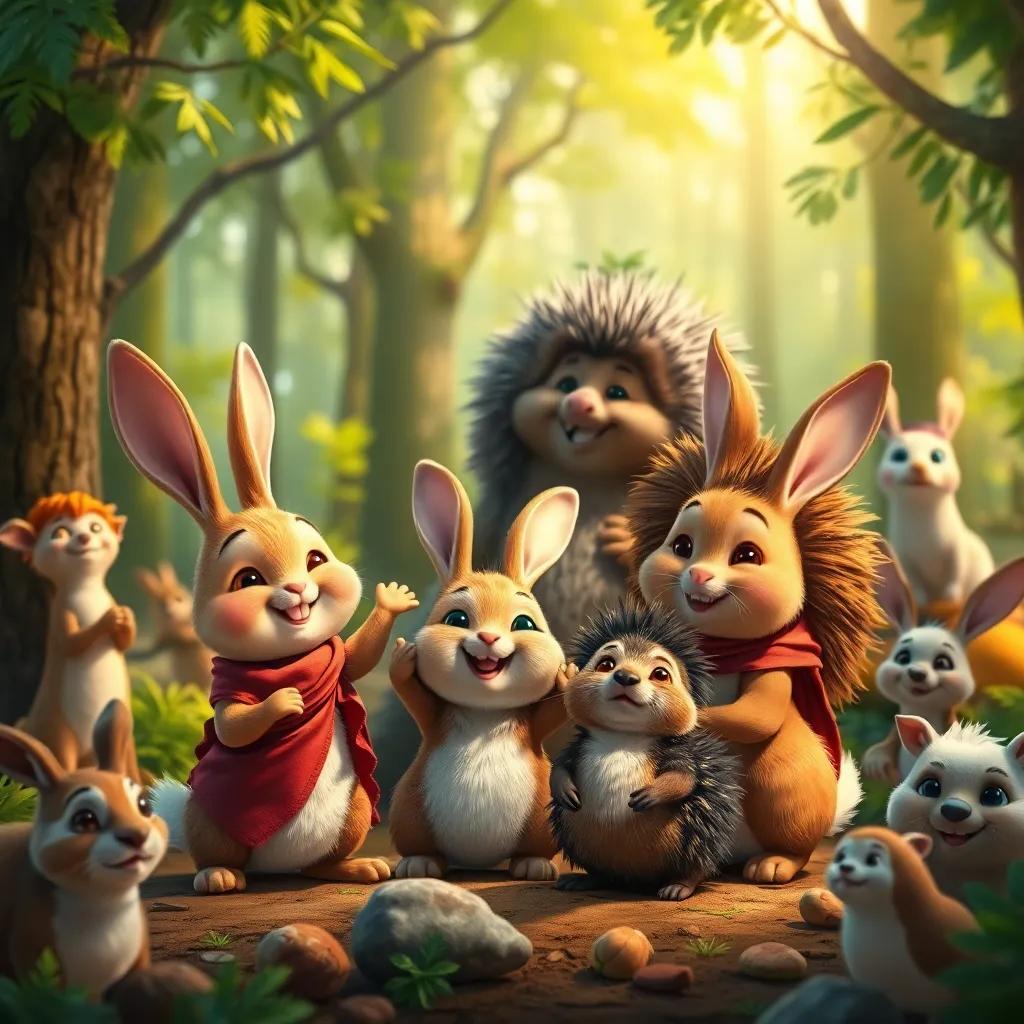 Hamad, the rabbits, and the wise hedgehog celebrating their friendship in the forest, surrounded by joyful animals, vibrant colors, adventurous spirit, detailed fantasy art