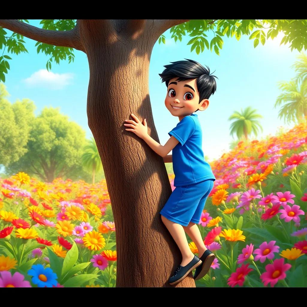 A young Arab boy, Hamad, with short black hair and wearing a blue t-shirt and shorts, climbing a big tree in a colorful garden with vibrant flowers, digital art, cheerful atmosphere, bright colors, child-friendly view, high quality