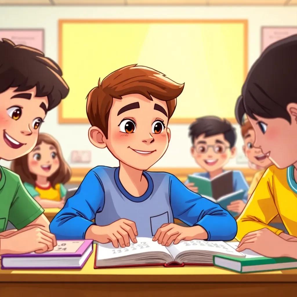 Hamad, a young Arab boy, with short brown hair in a blue shirt, sitting in a classroom with friends studying math, surrounded by books and cheerful friends, bright classroom light, vibrant colors, learning atmosphere, illustration, uplifting scene