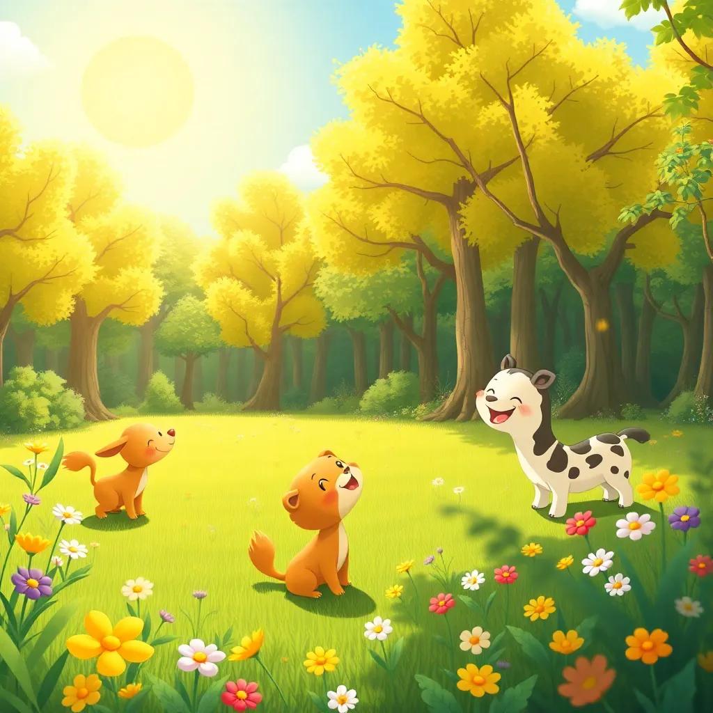 A bright sunny forest scene with playful animals enjoying the sun, colorful flowers blooming, the sound of laughter in the air, cheerful atmosphere, illustration, vibrant colors, child-friendly