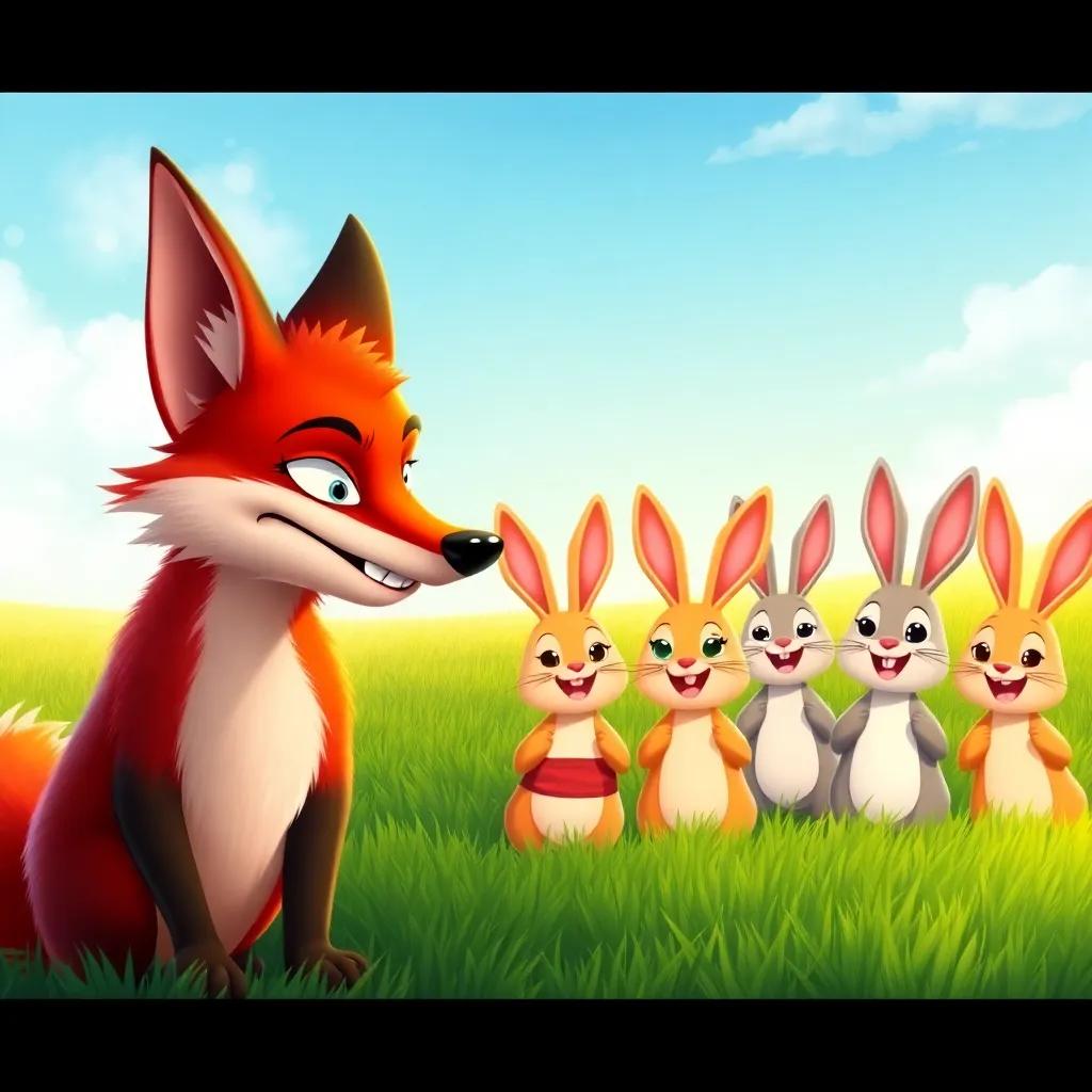 A cunning fox with a sly grin, whispering to a group of cheerful rabbits, lush green grass and a bright sky in the background, colorful, playful, engaging, children's book art