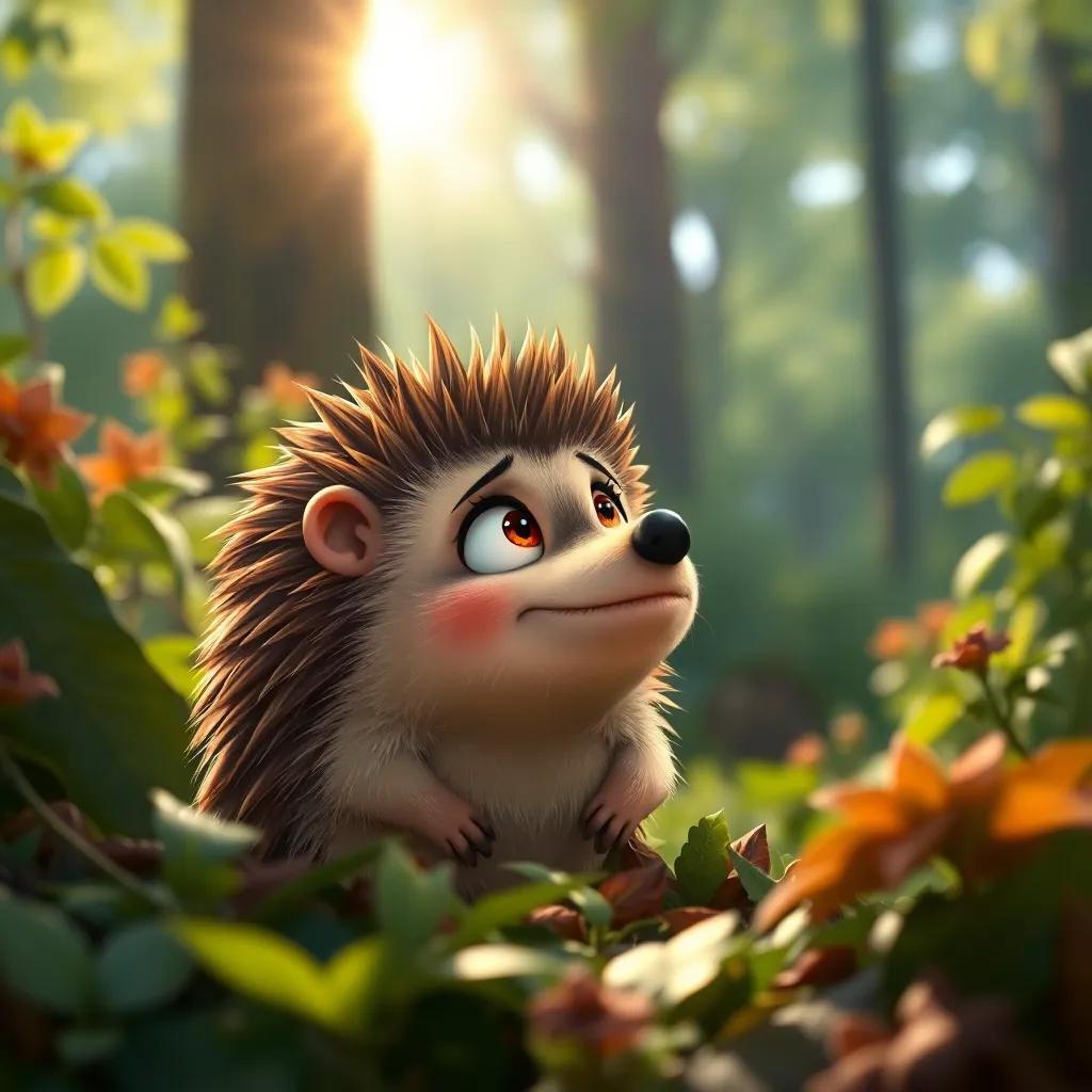 A wise hedgehog watching the scene from a distance with a concerned look, foliage around, the sun shining through trees, adding some depth, detailed, thoughtful