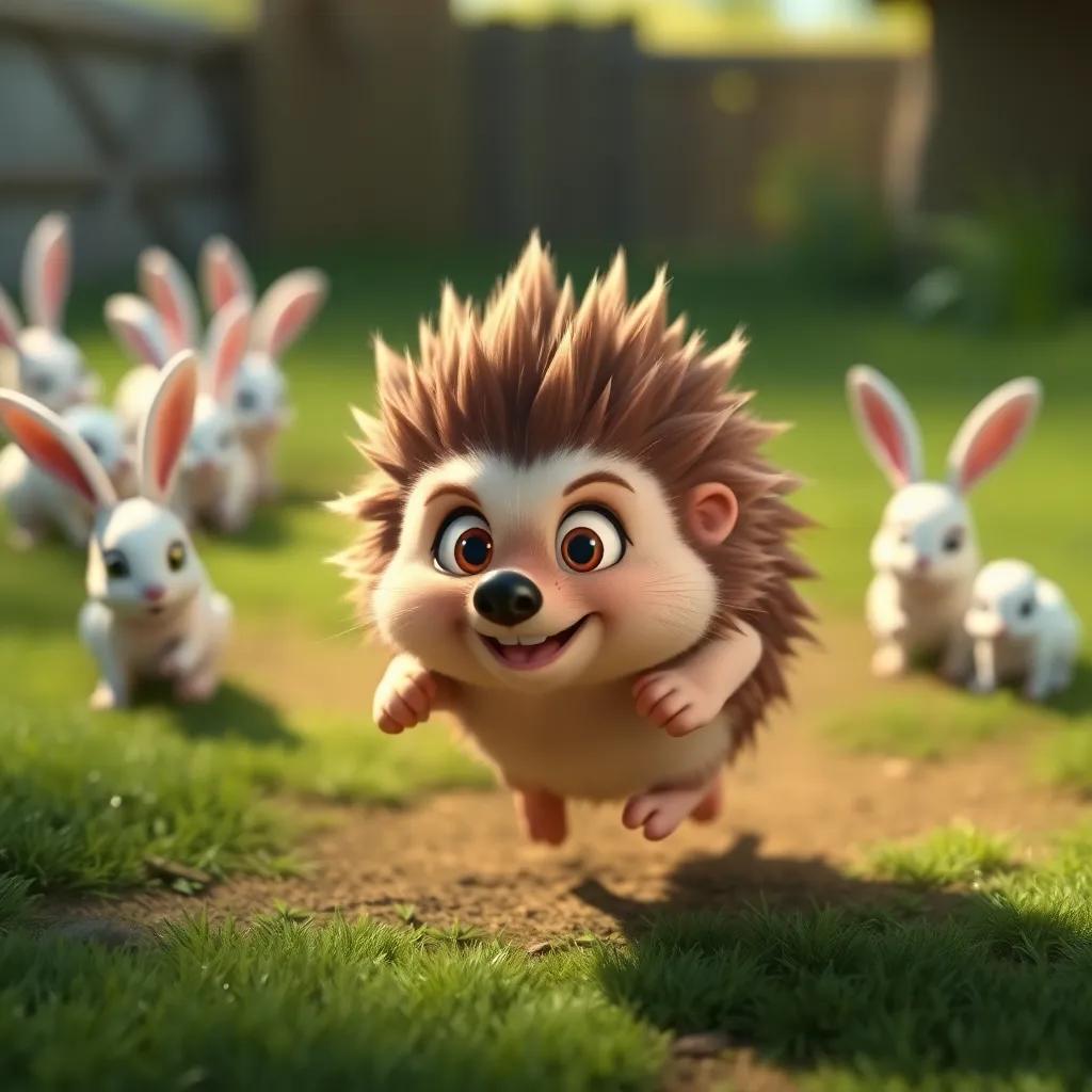 The clever hedgehog running towards the rabbits with determination, his quills shiny under the sunlight, urgency on his face, child-friendly, animation style