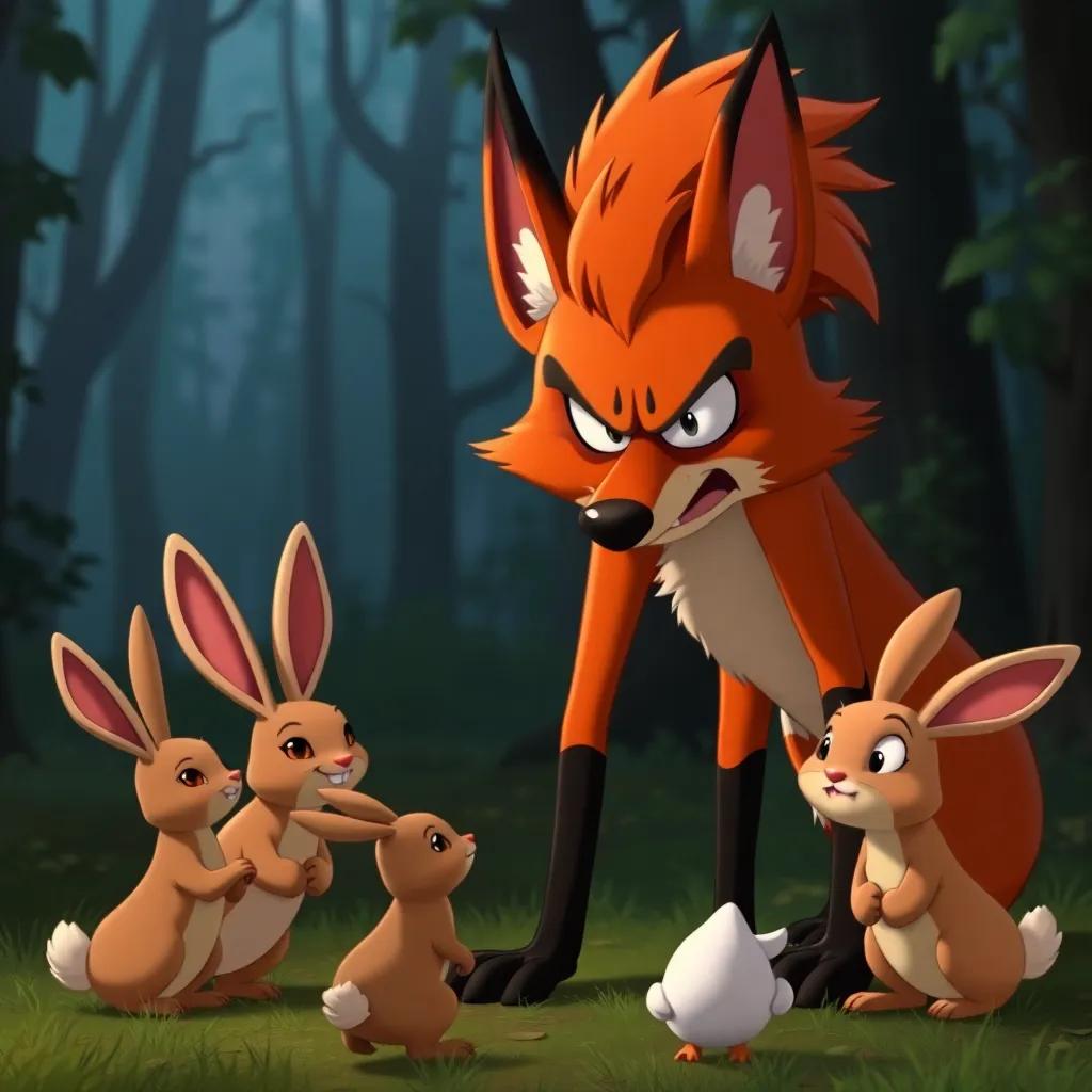 The angry fox glaring after the rabbits, his tail fluffed up in frustration, the forest backdrop dimming, illustrating his shock, cartoonish style