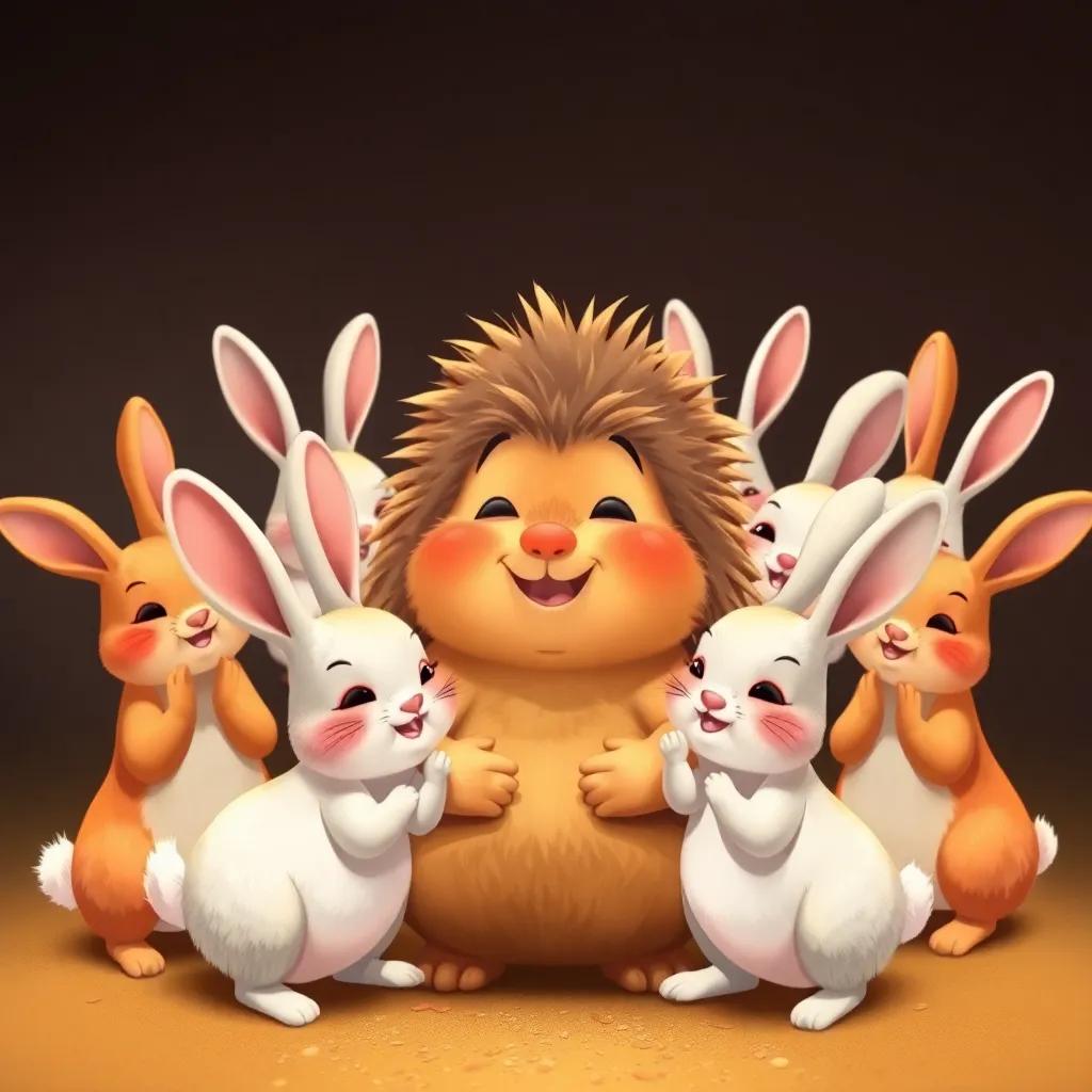 The grateful rabbits surrounding the hedgehog, showing expressions of appreciation, a warm and cozy color palette, friendly atmosphere, illustration