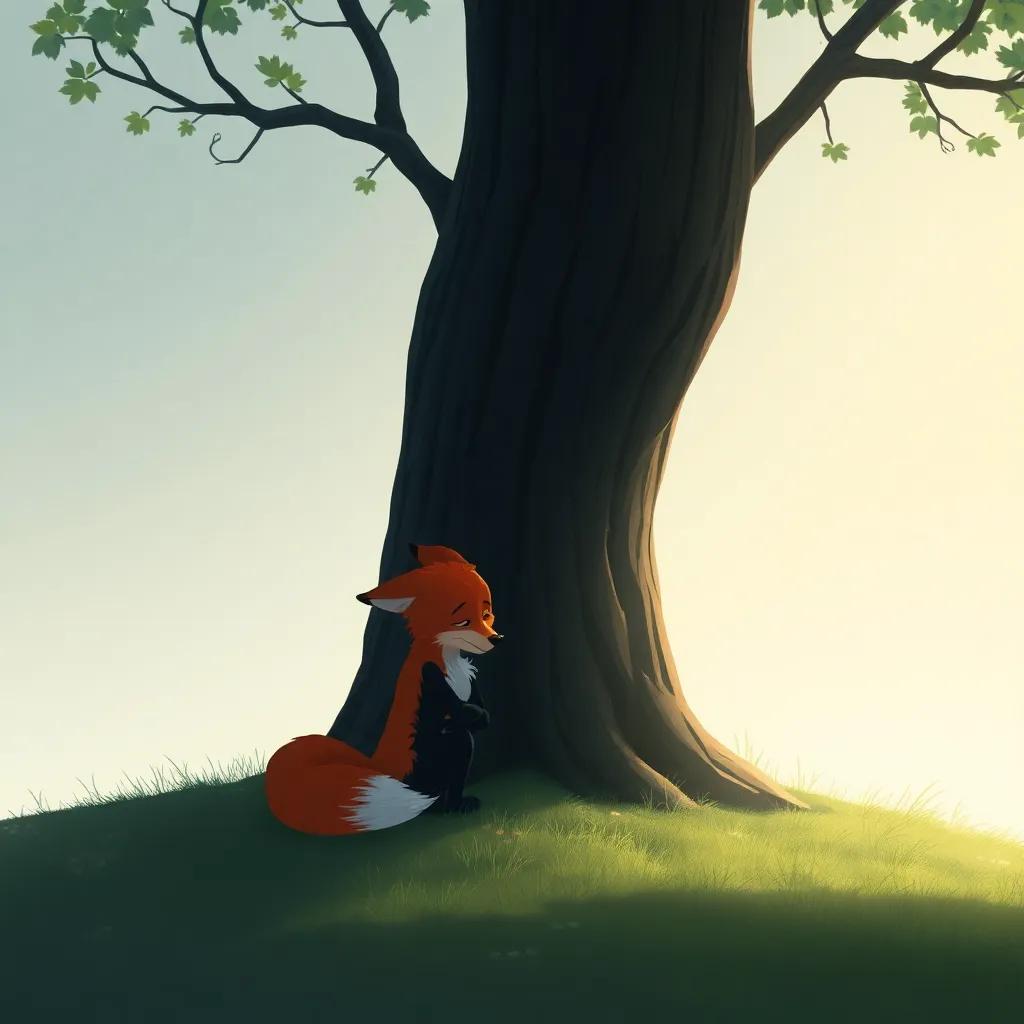 The sad fox sitting alone under a tree, pondering deeply, soft shadows around him, emphasizing his loneliness, child-safe, reflective mood