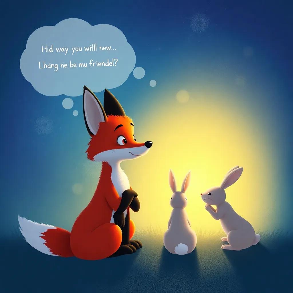 The fox thinking of ways to change, imagining himself being friendly with the rabbits, soft glowing light around him, dreamlike illustration