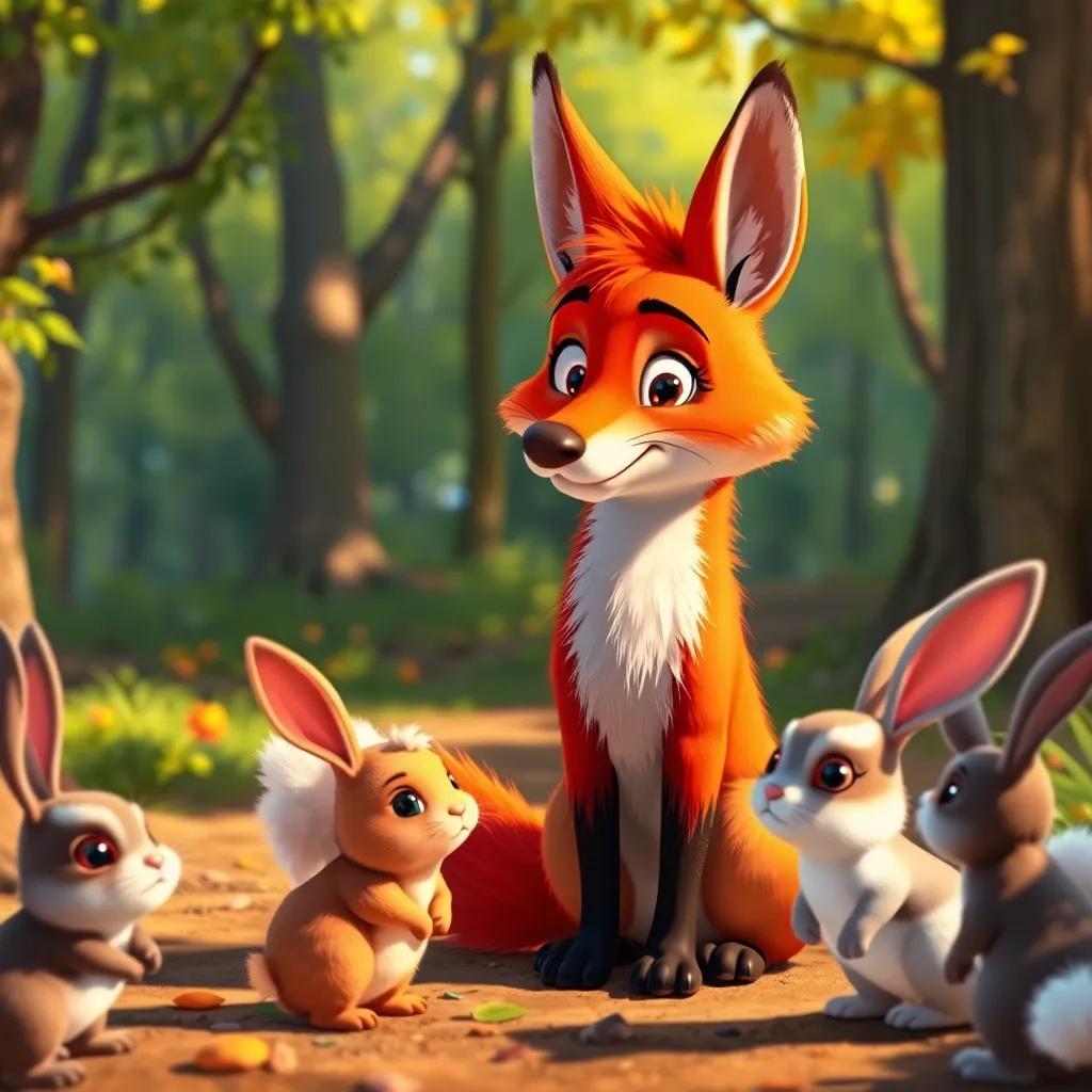 The fox, looking hopeful, approaching the rabbits with a sincere expression, sunny forest setting, inviting and colorful imagery, heartwarming style