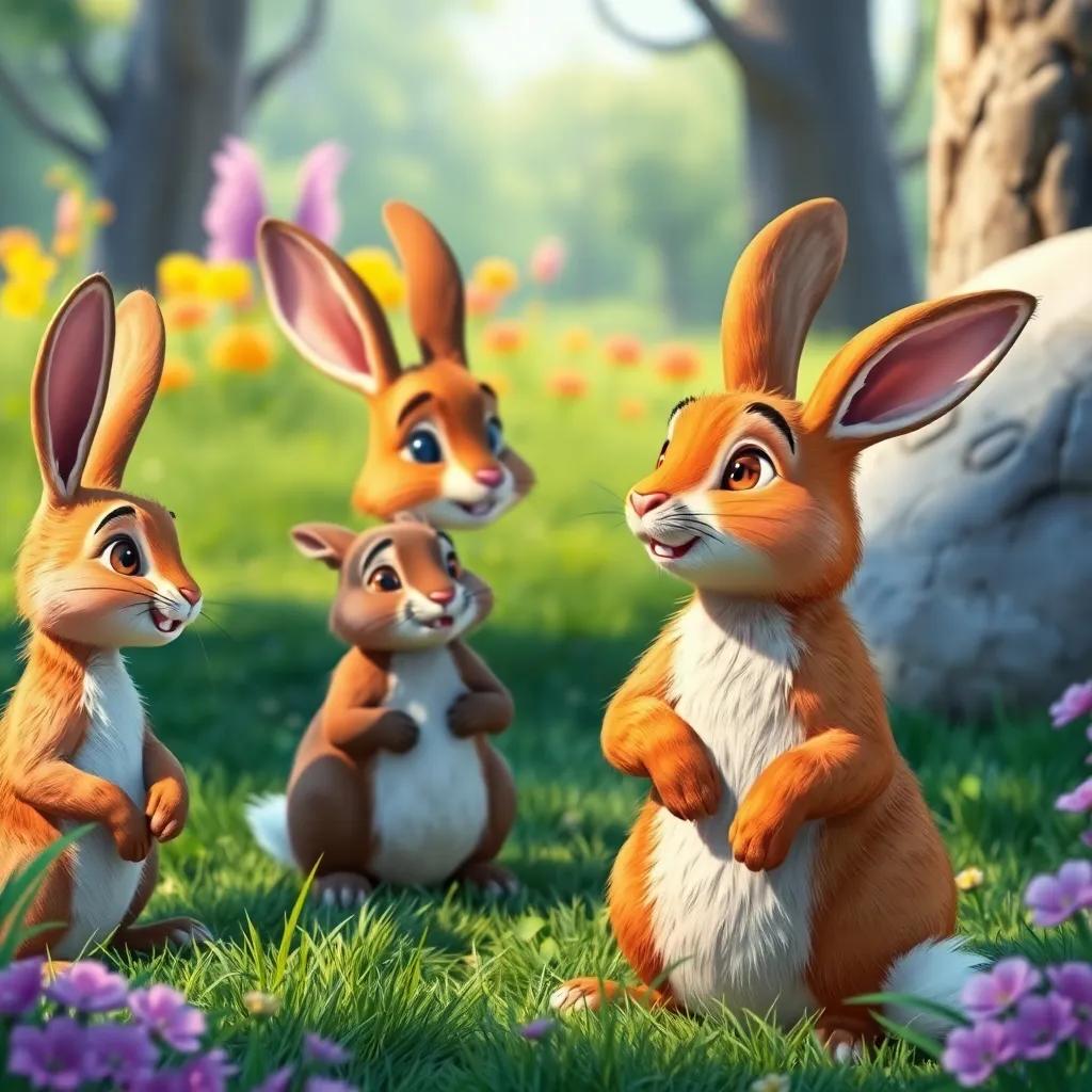 The rabbits listening to the fox with cautious optimism, vibrant surroundings, emphasizing a moment of decision, child-friendly visual storytelling.