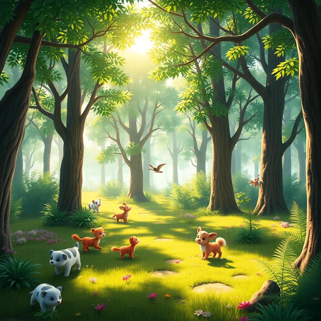 A bright morning in the forest, with sunlight shining through trees and animals playing, vibrant colors, cheerful atmosphere, digital art, high quality