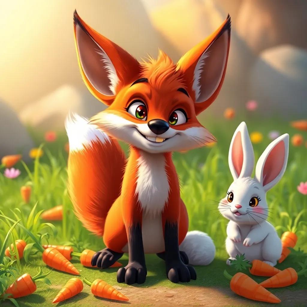 A sly fox, with reddish fur and a mischievous smile, standing next to bunnies, colorful carrots scattered around, inviting scenery, warm light, detailed illustration