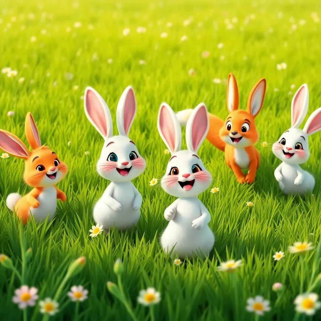 A group of happy bunnies, fluffy and excited, following a fox in a lush green meadow, unaware of the trap, cheerful expressions, bright colors, child-friendly style
