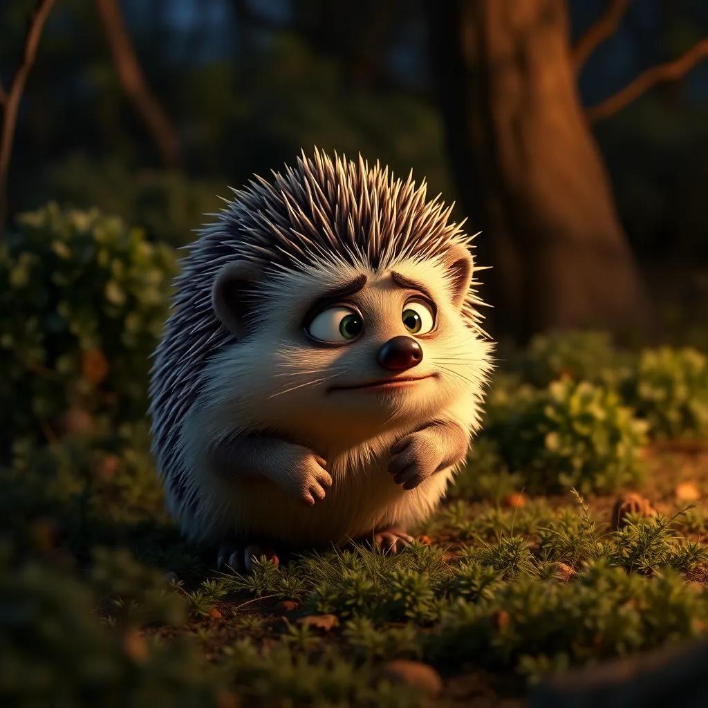 A wise hedgehog, with sharp quills and a worried expression, watching from a distance, bushes and trees around, dramatic lighting, capturing urgency in the scene