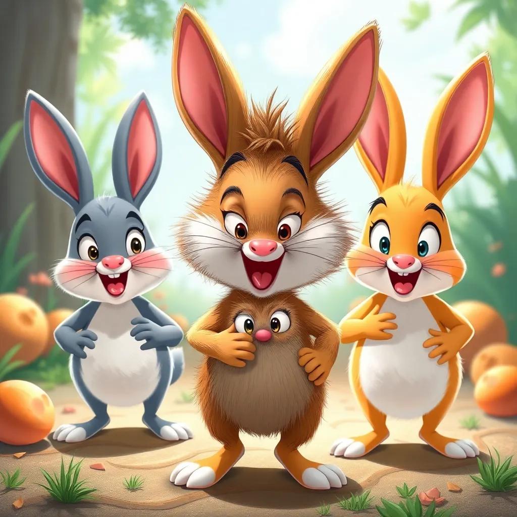 Bunnies stopping in their tracks, shock on their faces as the hedgehog warns them, vibrant colors and lively expressions, engaging dynamics, detailed art