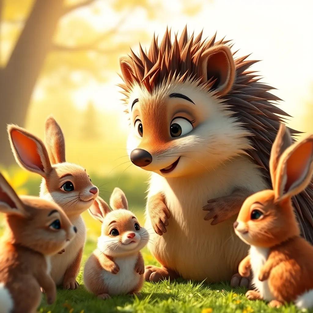 A close-up of the hedgehog explaining the fox's deception, bunnies listening intently, sunny background, warm and friendly mood, high focus
