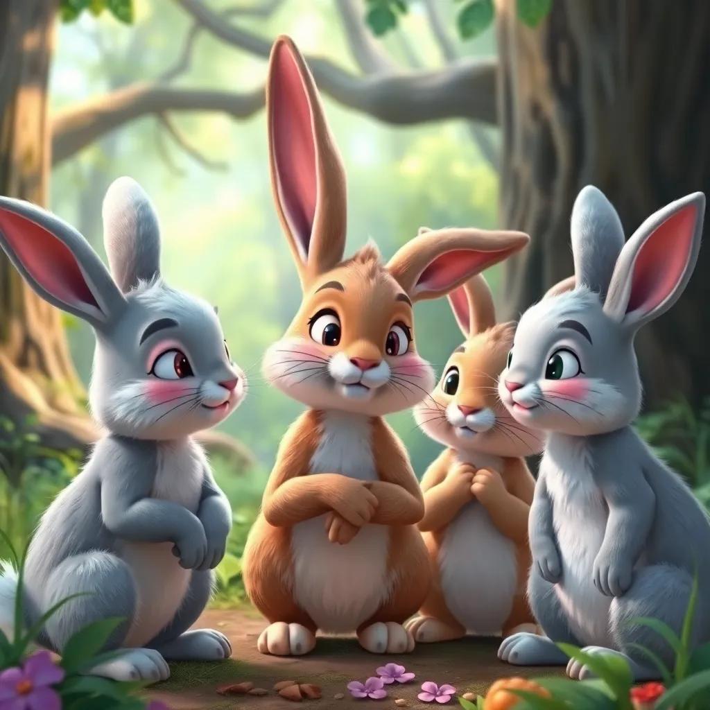 A group of bunnies talking among themselves, thoughtful expressions, discussing the lesson learned, magical forest setting, bright and colorful