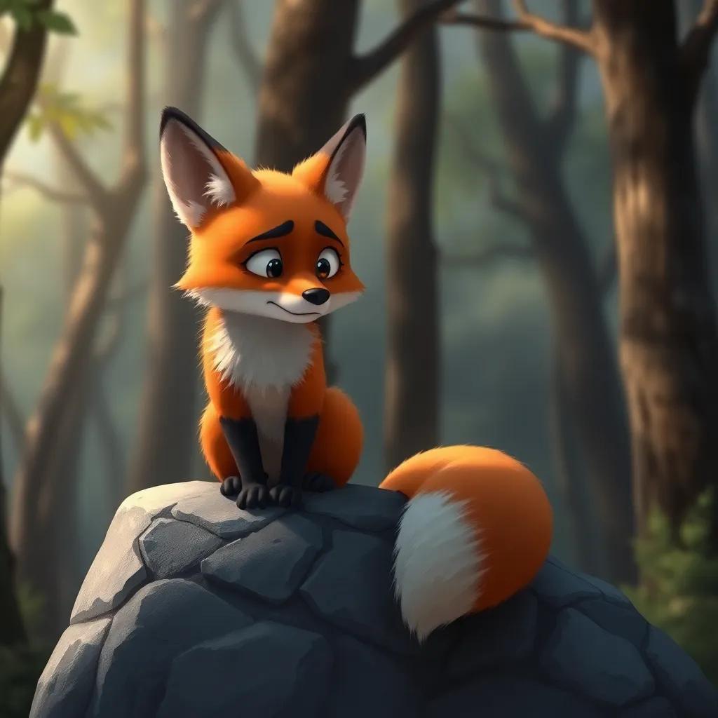 A thoughtful fox, sitting on a rock looking sad while reflecting on his actions, surrounded by trees, soft light, emotional portrayal, artistic quality