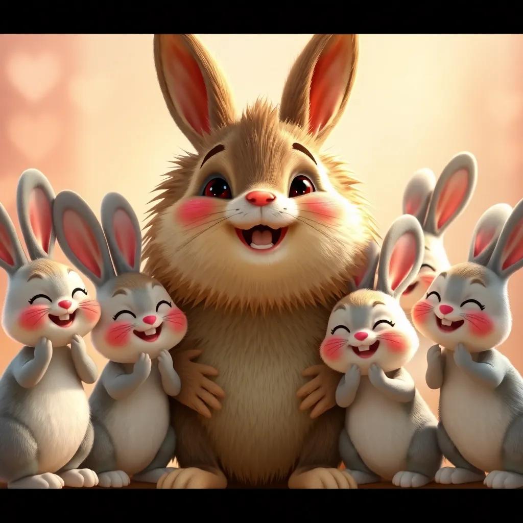 The bunnies expressing gratitude, surrounding the wise hedgehog with joyful faces, bright and inviting background, rich colors, heartwarming vibes