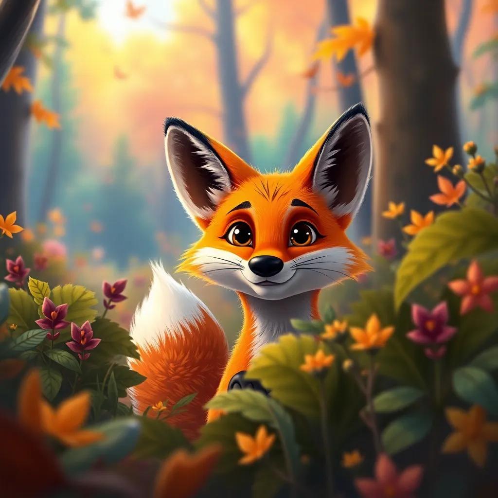 The fox emerging from behind bushes, looking humble, determined to show kindness, colorful forest backdrop, inspiring atmosphere, vibrant details