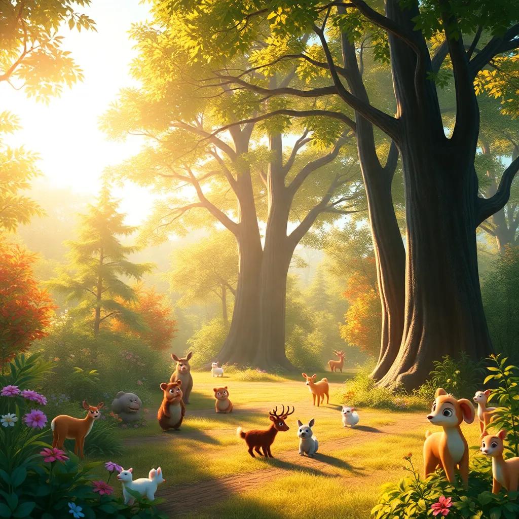 A beautiful forest in the morning with sunlight shining through the trees, animals are playing around and a cheerful vibe fills the air, vibrant colors, digital art, inviting atmosphere, high quality