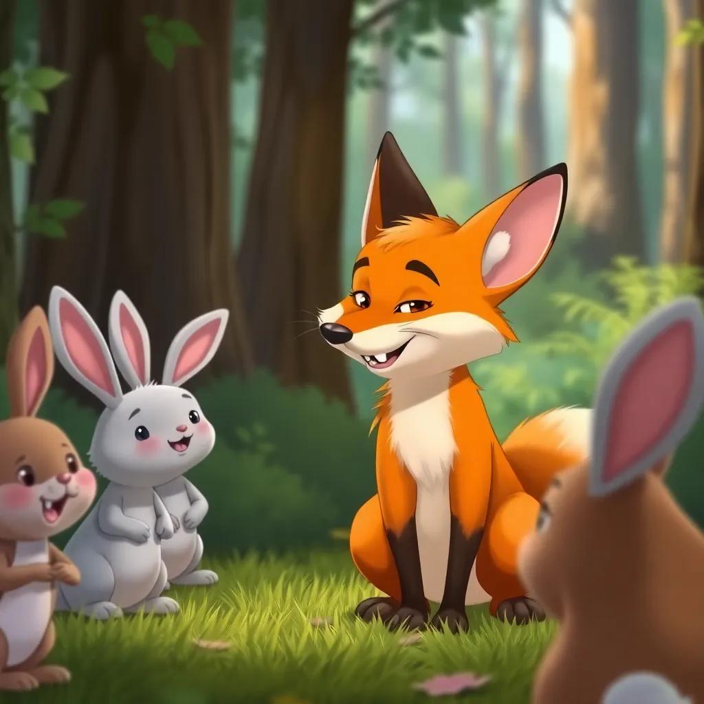 A sly fox approaching a group of happy rabbits in the forest, the fox smiling slyly while talking, the rabbits look excited and curious, detailed illustration, whimsical style, friendly environment