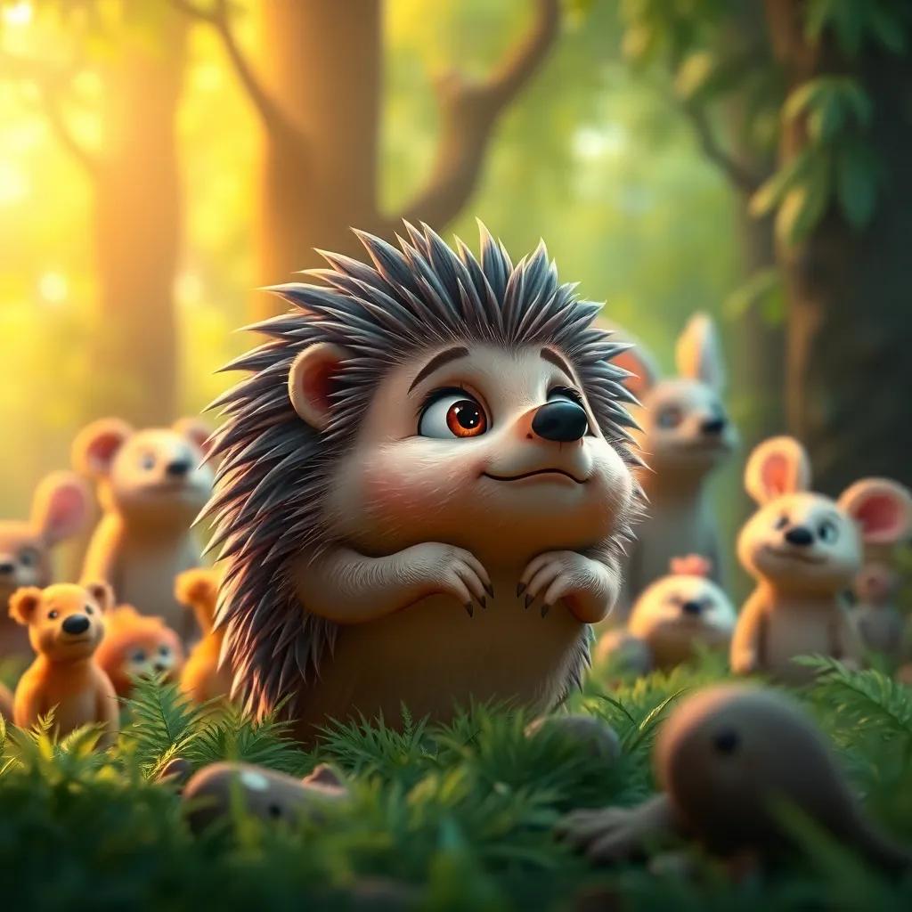 A wise hedgehog watching from a distance with concern, filled with determination, all the animals and vibrant green forest around him, detailed character design, digital painting, warm lighting, heroic pose