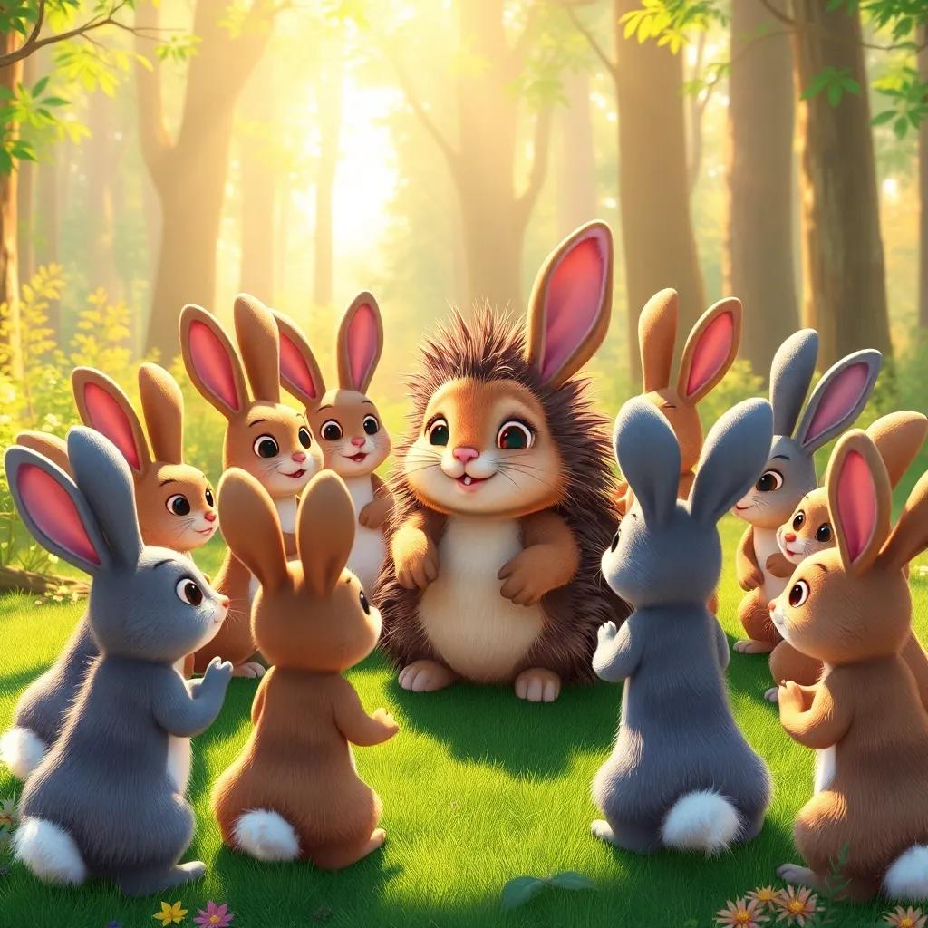 A group of rabbits looking surprised and grateful, all gathered together in a circle, thanking the wise hedgehog in the sunny forest, joyful atmosphere, colorful scene, high quality
