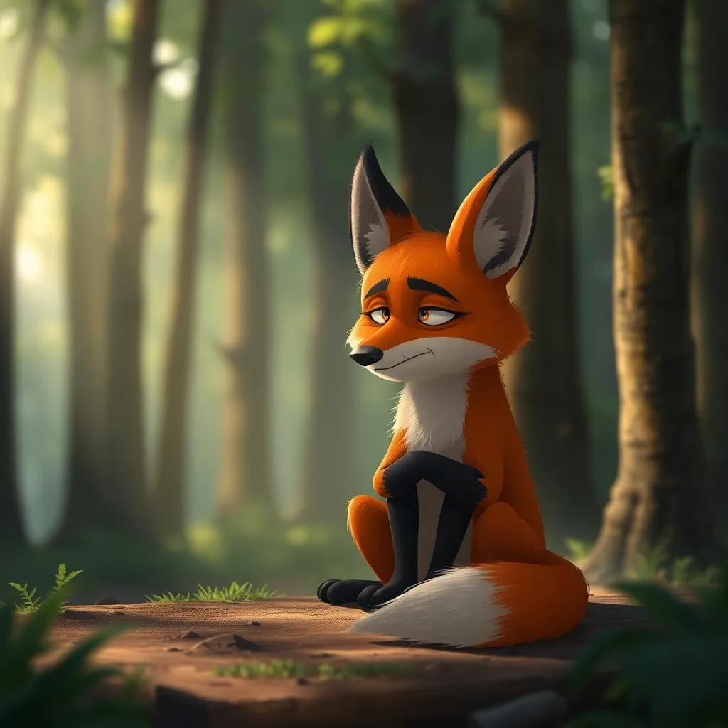 A sad sly fox sitting alone in the forest, thinking deeply with a frown on its face, soft sunlight illuminating the scene, reflective mood, detailed art