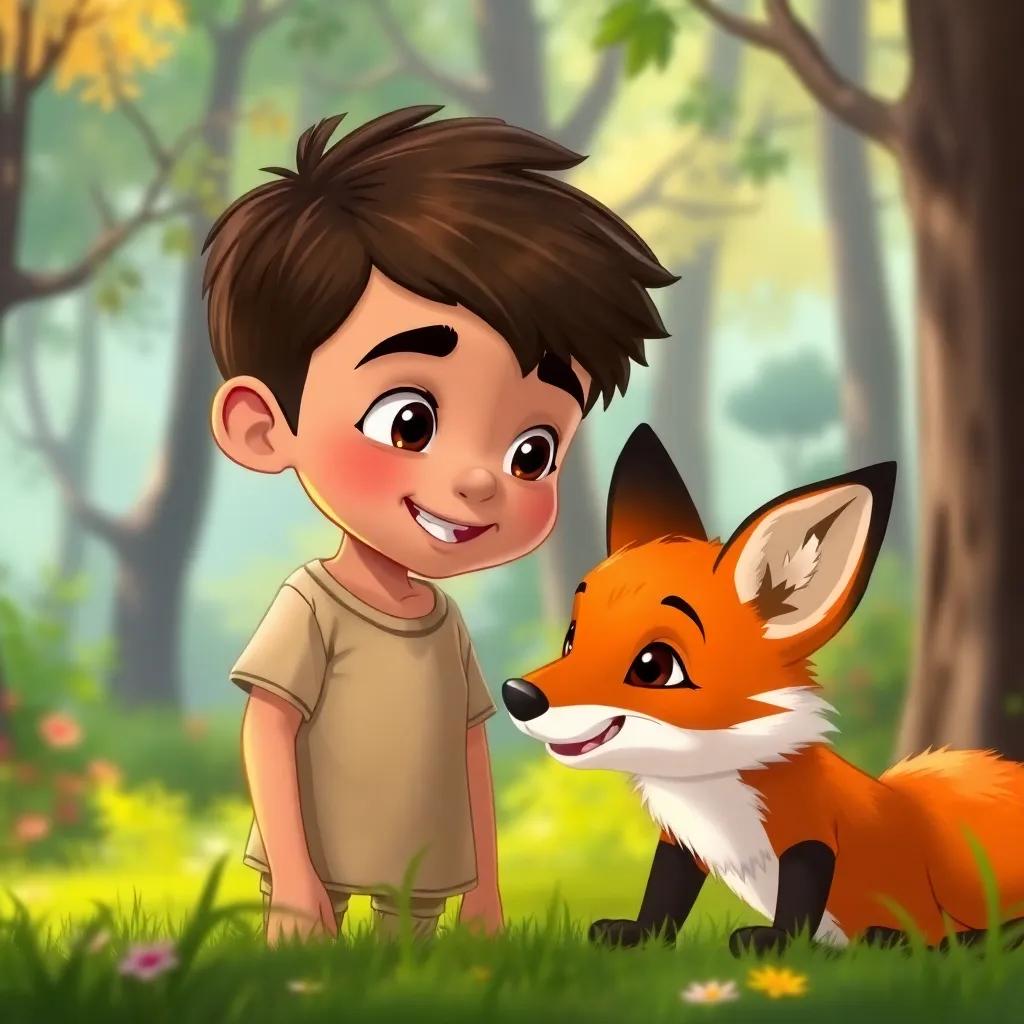 A young boy, Hamad Al-Kalbani, approaching the fox with a friendly expression, showing kindness and understanding, vibrant forest background, illustration, emotional yet hopeful