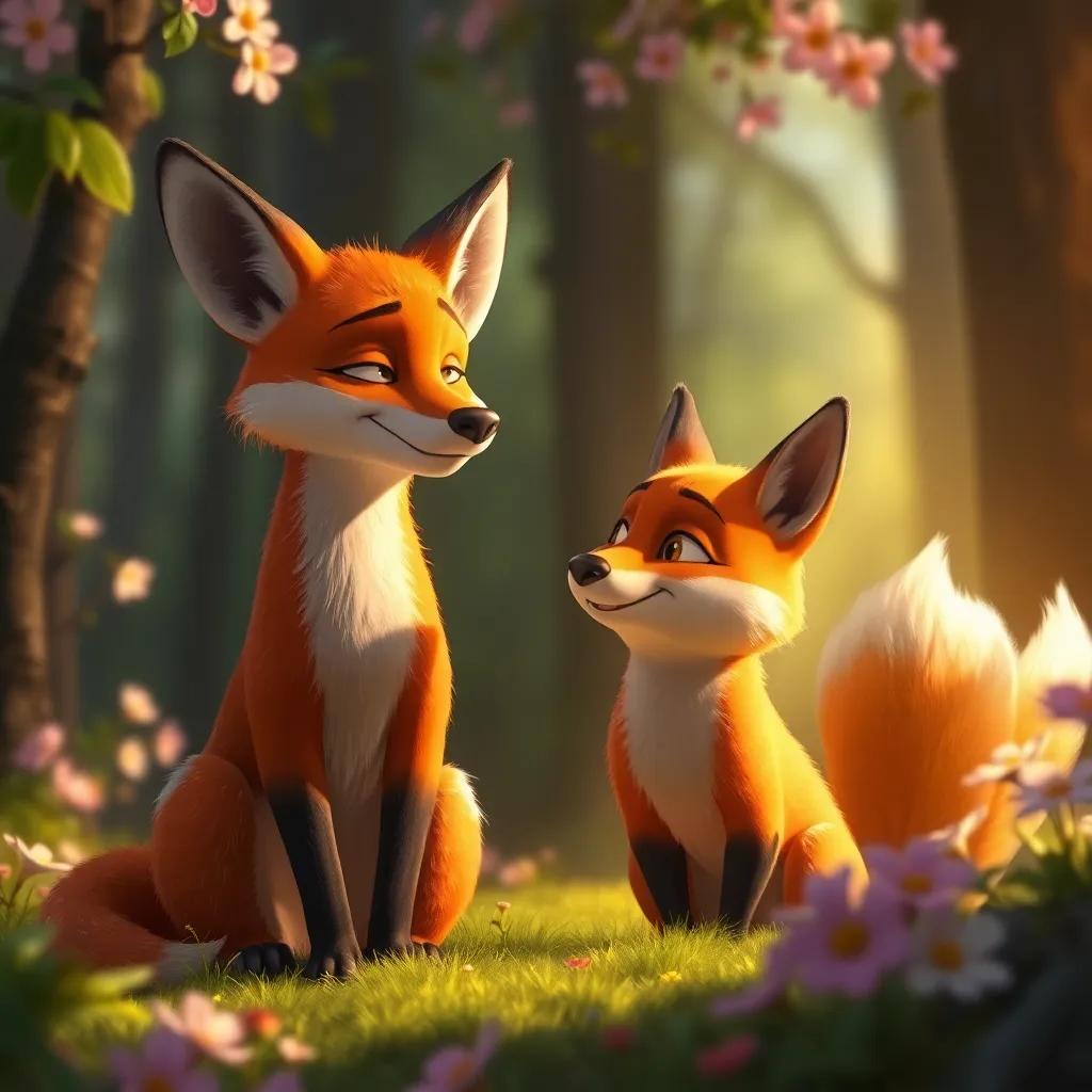 The fox listening to Hamad intently, looking more relaxed with a small smile, forest setting around them with blooming flowers, warm lighting, detailed, uplifting atmosphere