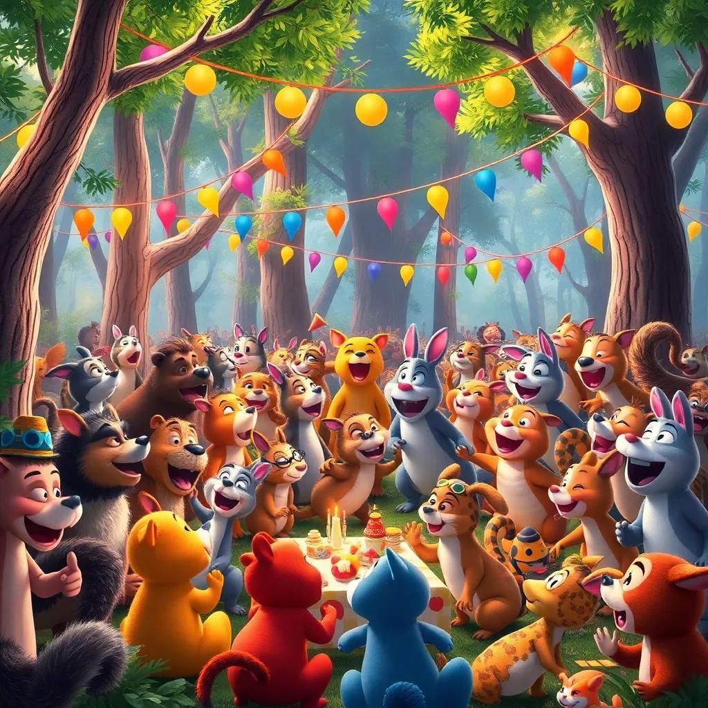 A lively forest filled with animals enjoying a party together, colorful decorations hanging from trees, everyone laughing and having fun, high quality, lively atmosphere