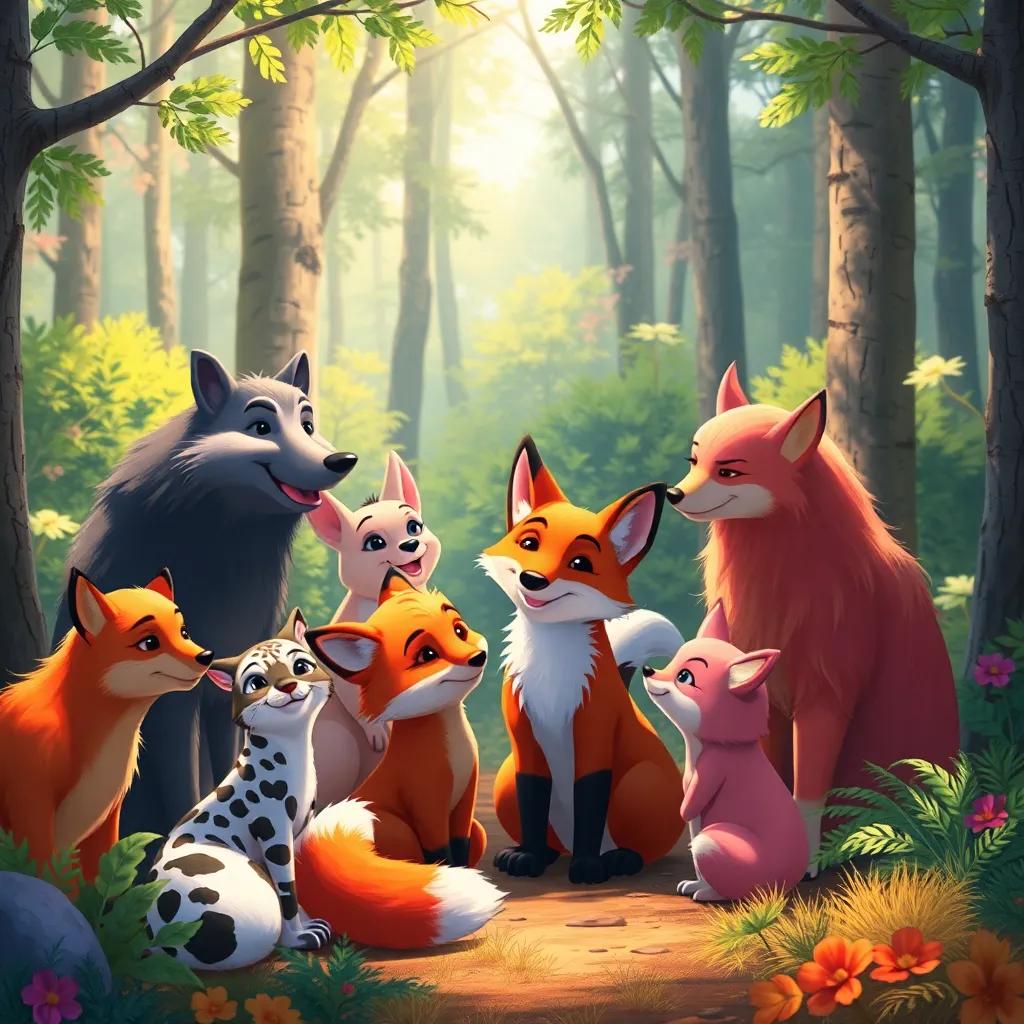 A beautiful scene of friendship in the forest, all the animals including the fox gathered together happily, showing that truth and kindness create strong bonds, vibrant colors, digital painting, joyful spirit.