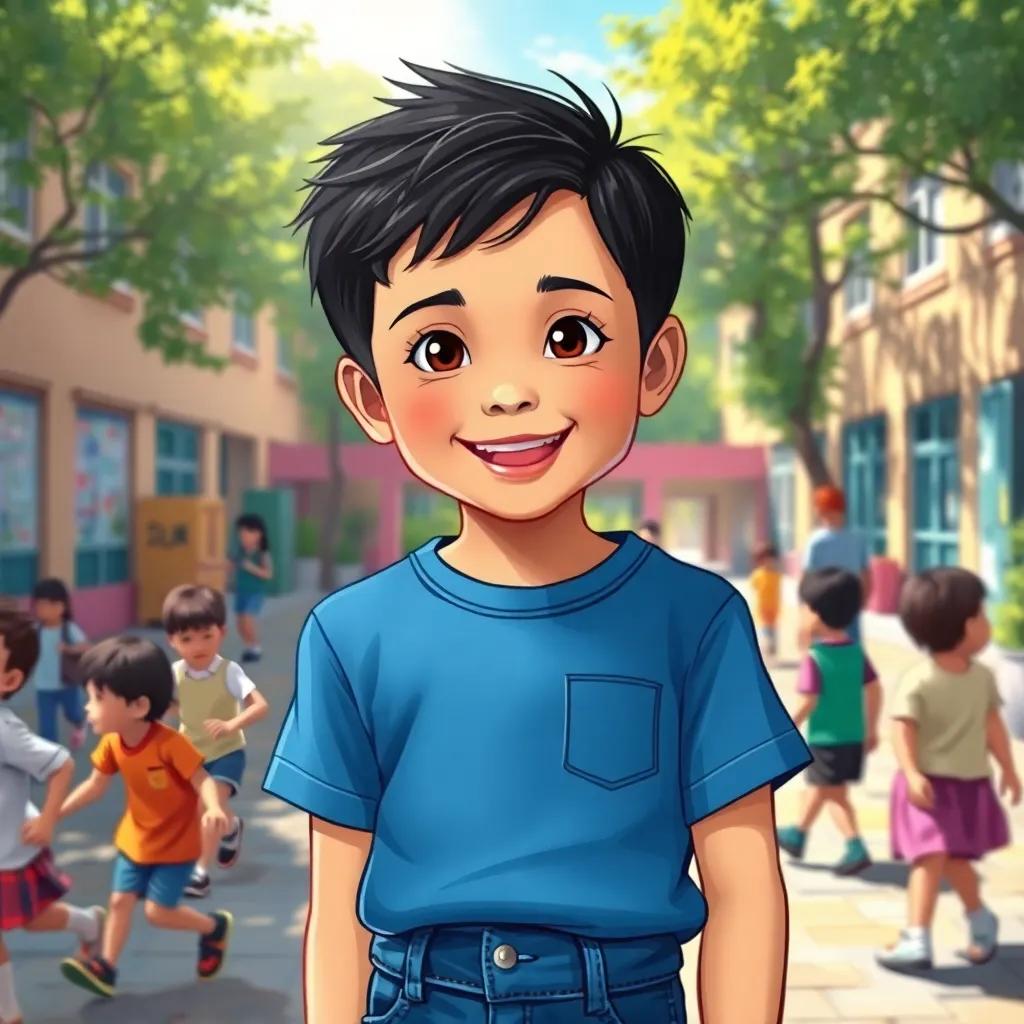 A sunny morning in a vibrant schoolyard with children playing, Hamed, an 11-year-old boy with short black hair wearing a blue t-shirt and jeans, smiling, digital art, cheerful atmosphere, high quality