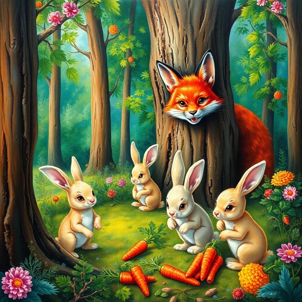A colorful forest with bunnies happily gathering carrots, a cunning fox peeking from behind a tree with a sly smile, bright and cheerful, detailed painting, vibrant colors, inviting scene