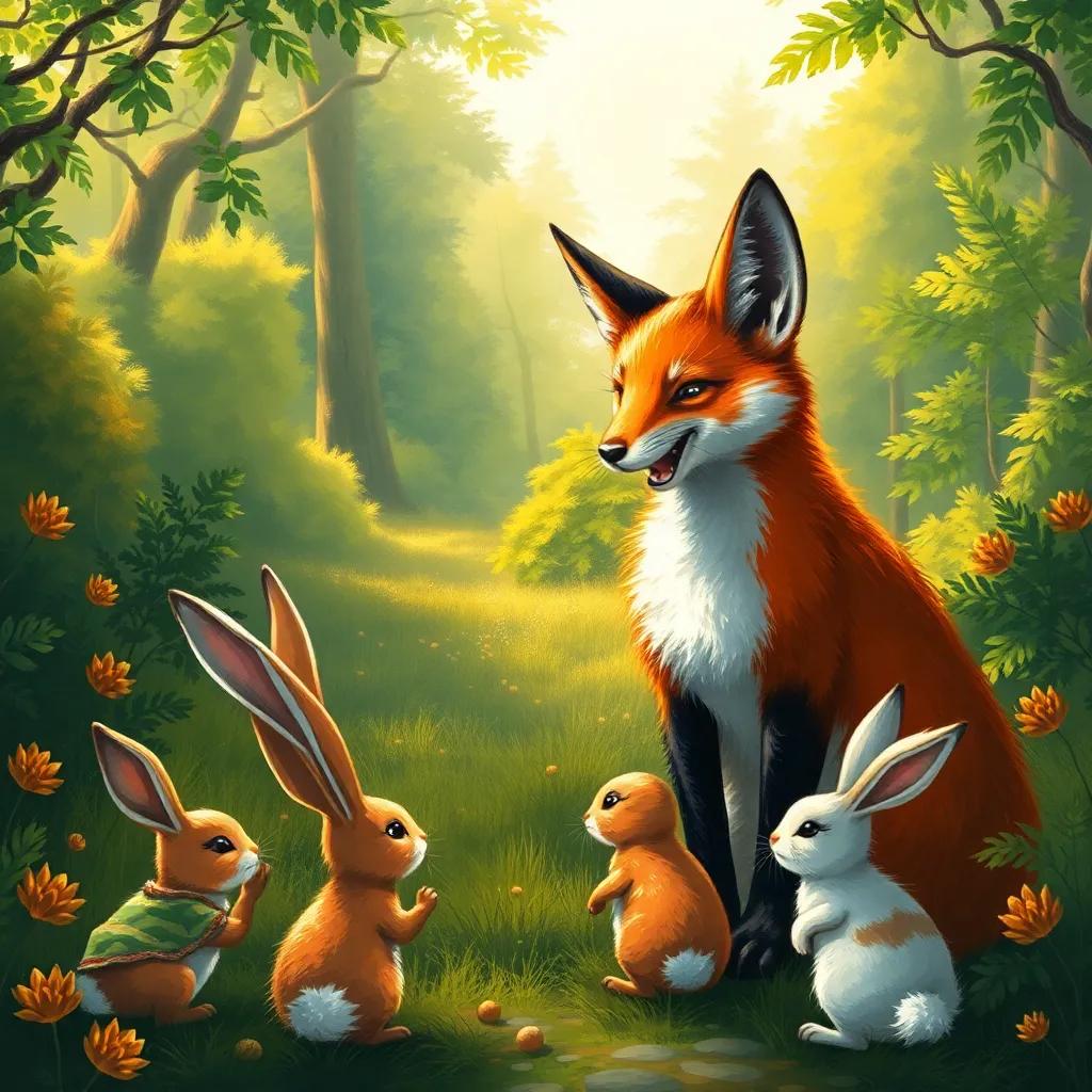 The fox approaching the bunnies with a courteous smile, saying, 'There’s a huge carrot field behind the hill, come with me!', surrounded by lush green forest, warm light, lively colors, engaging illustration