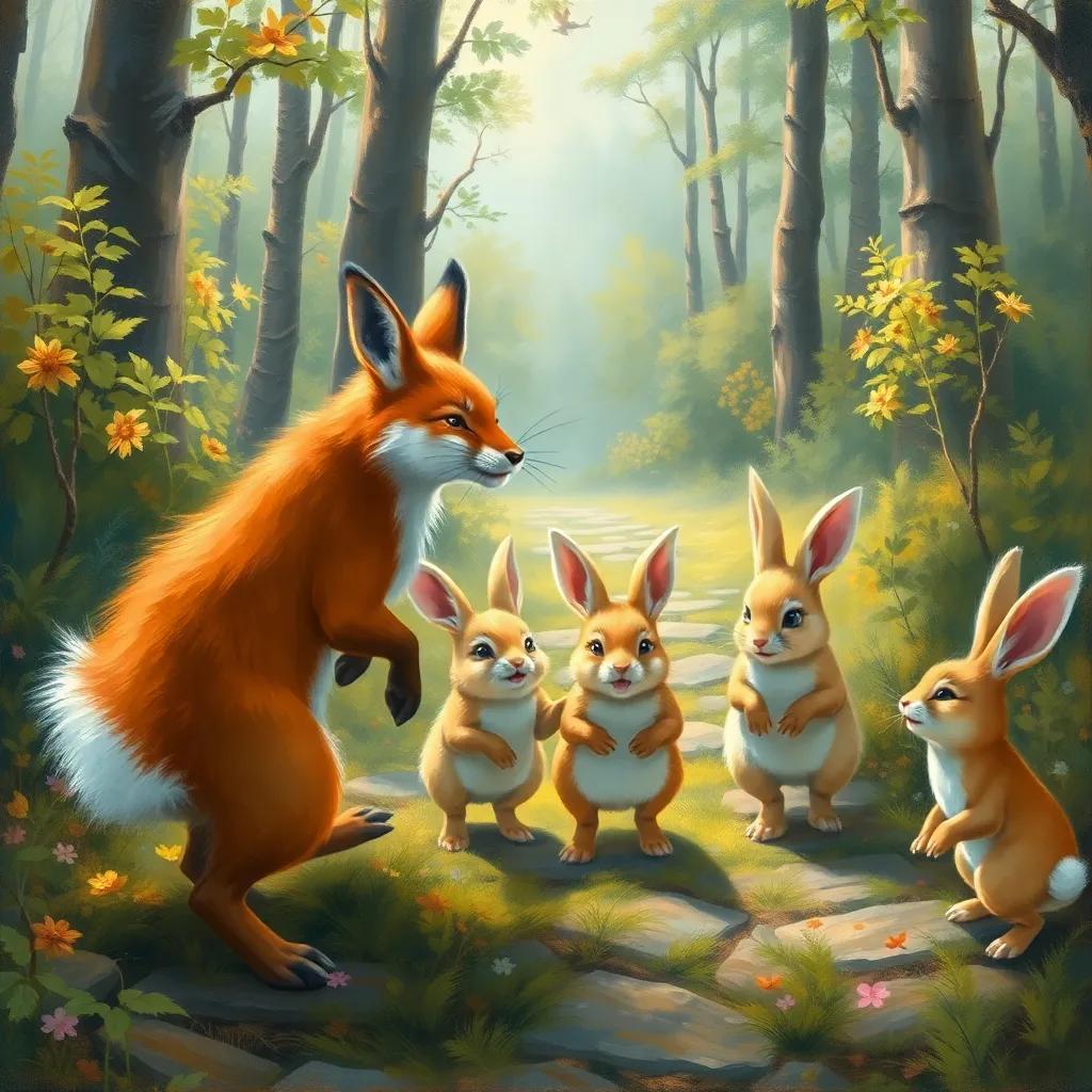 The bunnies excitedly following the fox, chatting and laughing, unaware of the trap ahead, in a bright forest path, colorful scenery, fun and cheerful, child-friendly