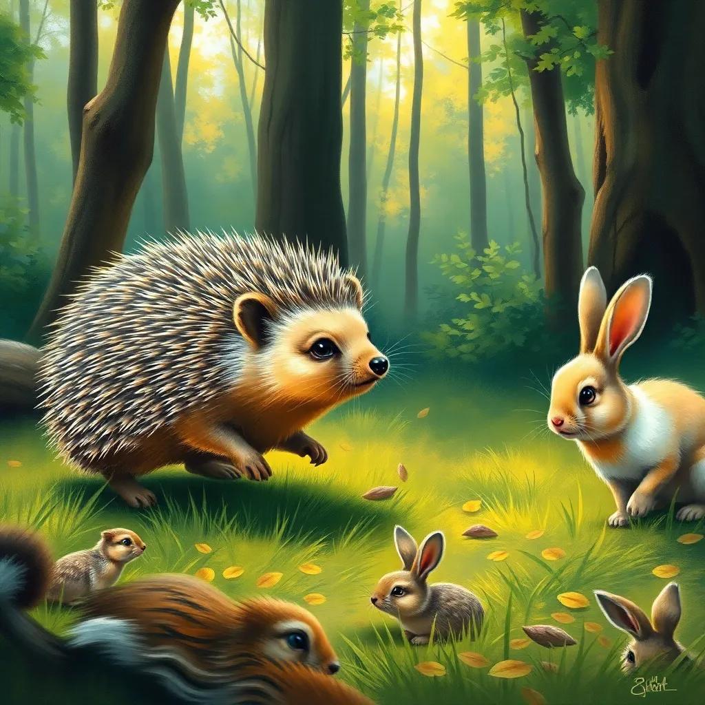 A wise hedgehog watching the scene from a distance, running quickly towards the bunnies with an urgent expression, forest background, sunlight filtering through trees, vibrant and bright, captivating artwork