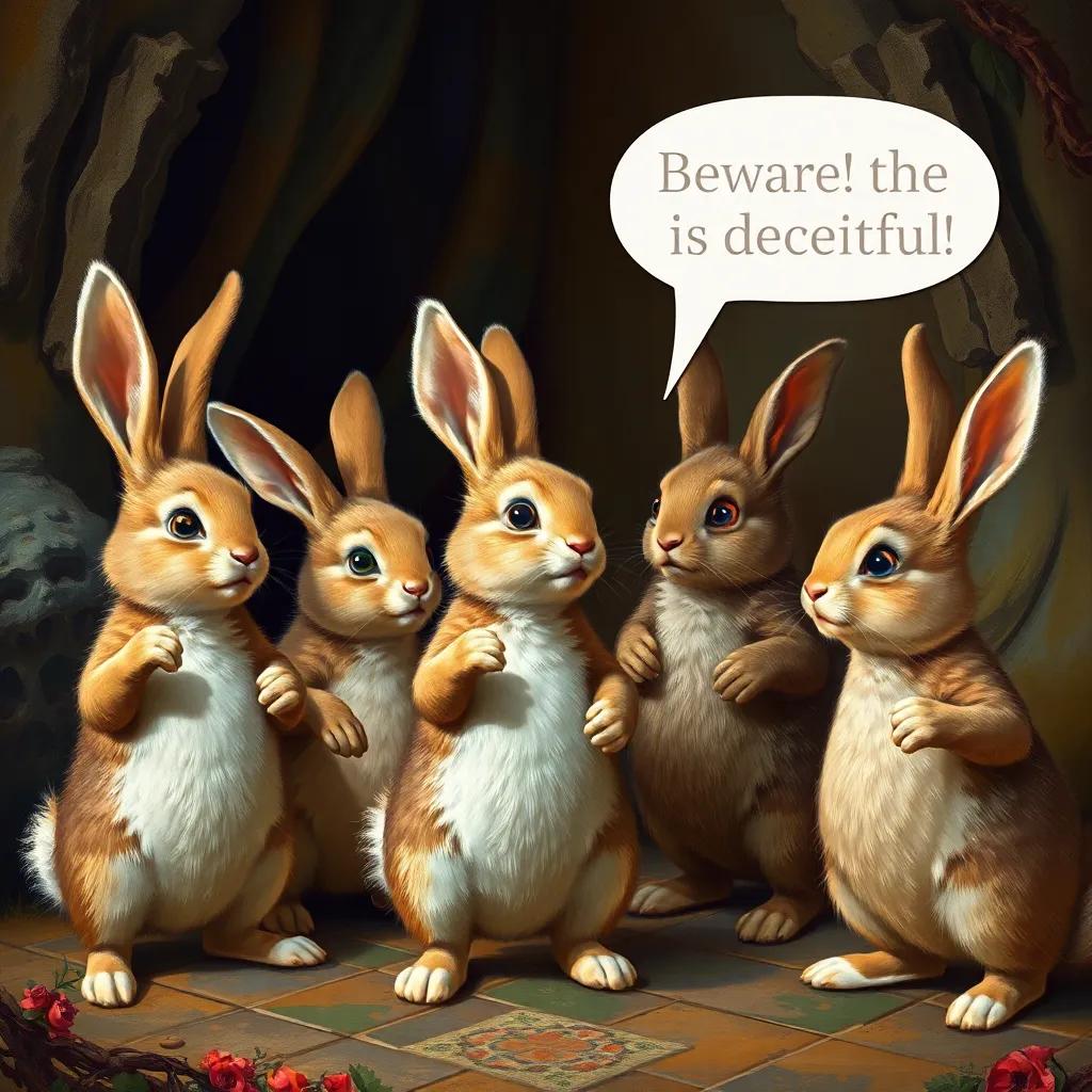The bunnies stopping in their tracks, shocked expressions as they hear the hedgehog shout, 'Beware! The fox is deceitful!', dramatic scene, fantasy-like atmosphere, colorful
