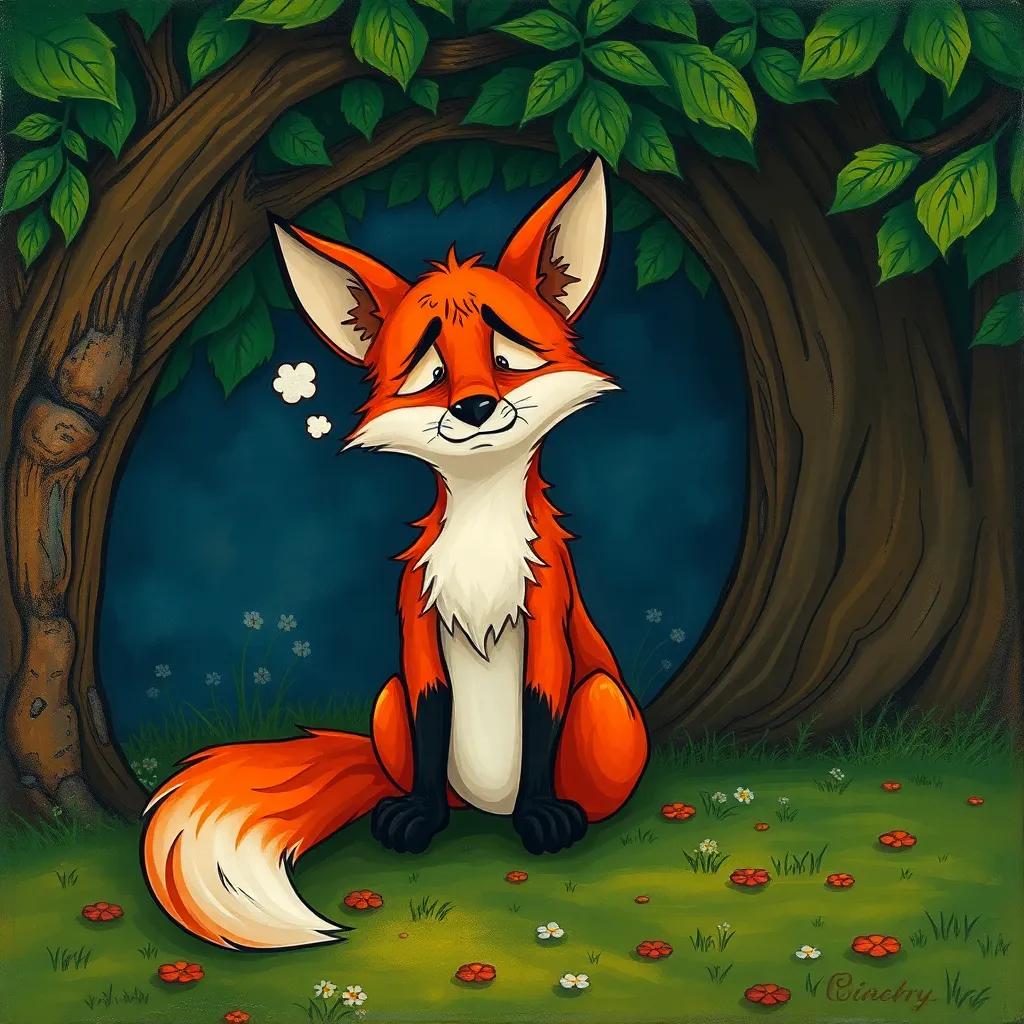 The frustrated fox sitting under a tree with a sad expression, thinking about his actions, reflecting the feeling of regret, cartoonishly sad atmosphere, colorful